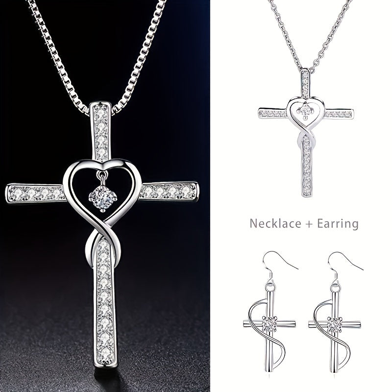 A Total Of 2 Pieces By Hypoallergenic Sterling Silver Cross Earrings + 925 Sterling Silver Necklace Women's Cross Pendant Perfect For Everyday Wear It Is Also The Perfect Gift For Friends On Christmas Mother's Day And Easter