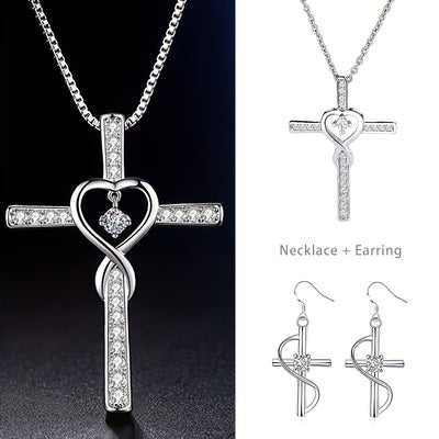 A Total Of 2 Pieces By Hypoallergenic Sterling Silver Cross Earrings + 925 Sterling Silver Necklace Women's Cross Pendant Perfect For Everyday Wear It Is Also The Perfect Gift For Friends On Christmas Mother's Day And Easter
