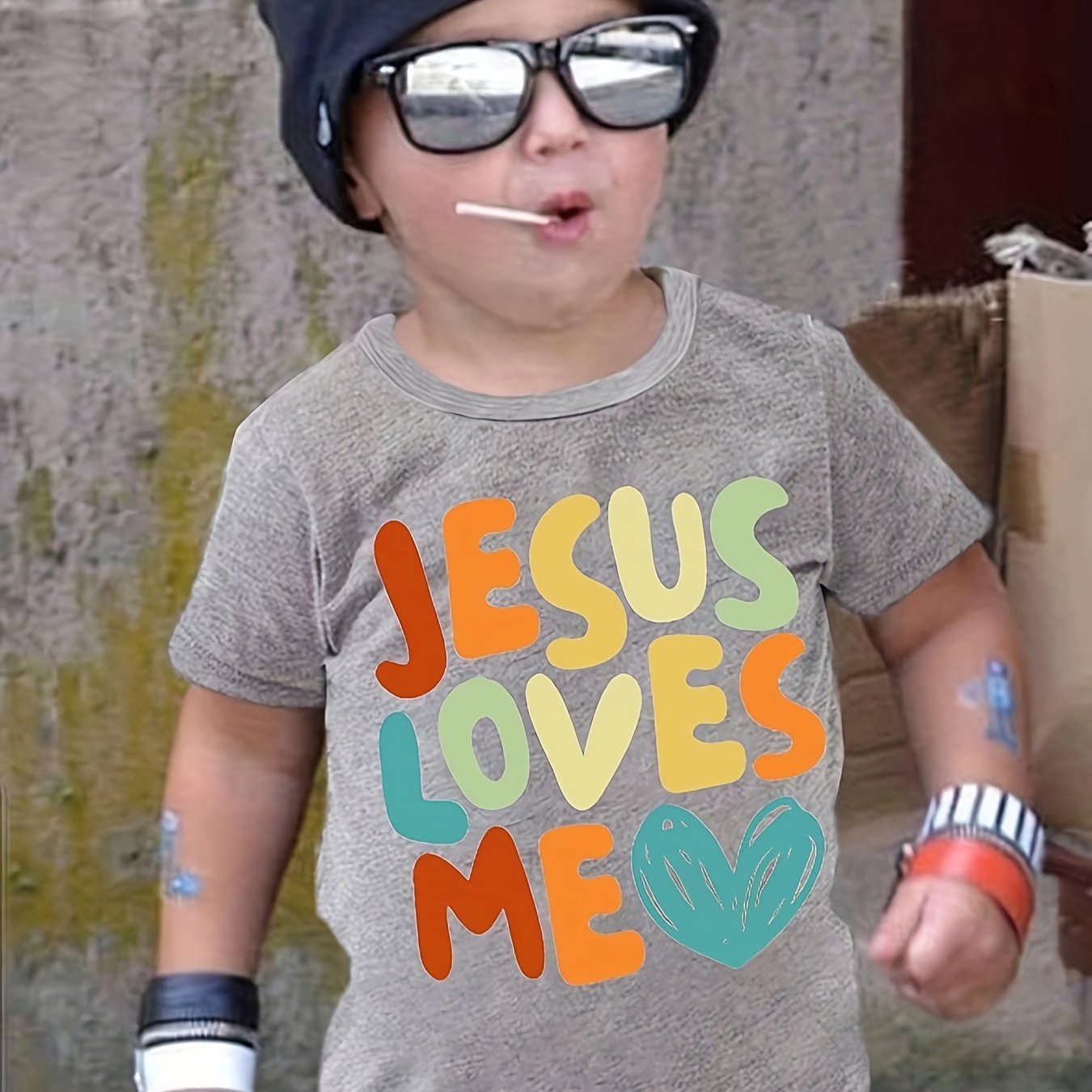 Boys Cartoon T-shirt, JESUS LOVES ME Print Kids Short Sleeve Casual Top Kids Summer Clothes
