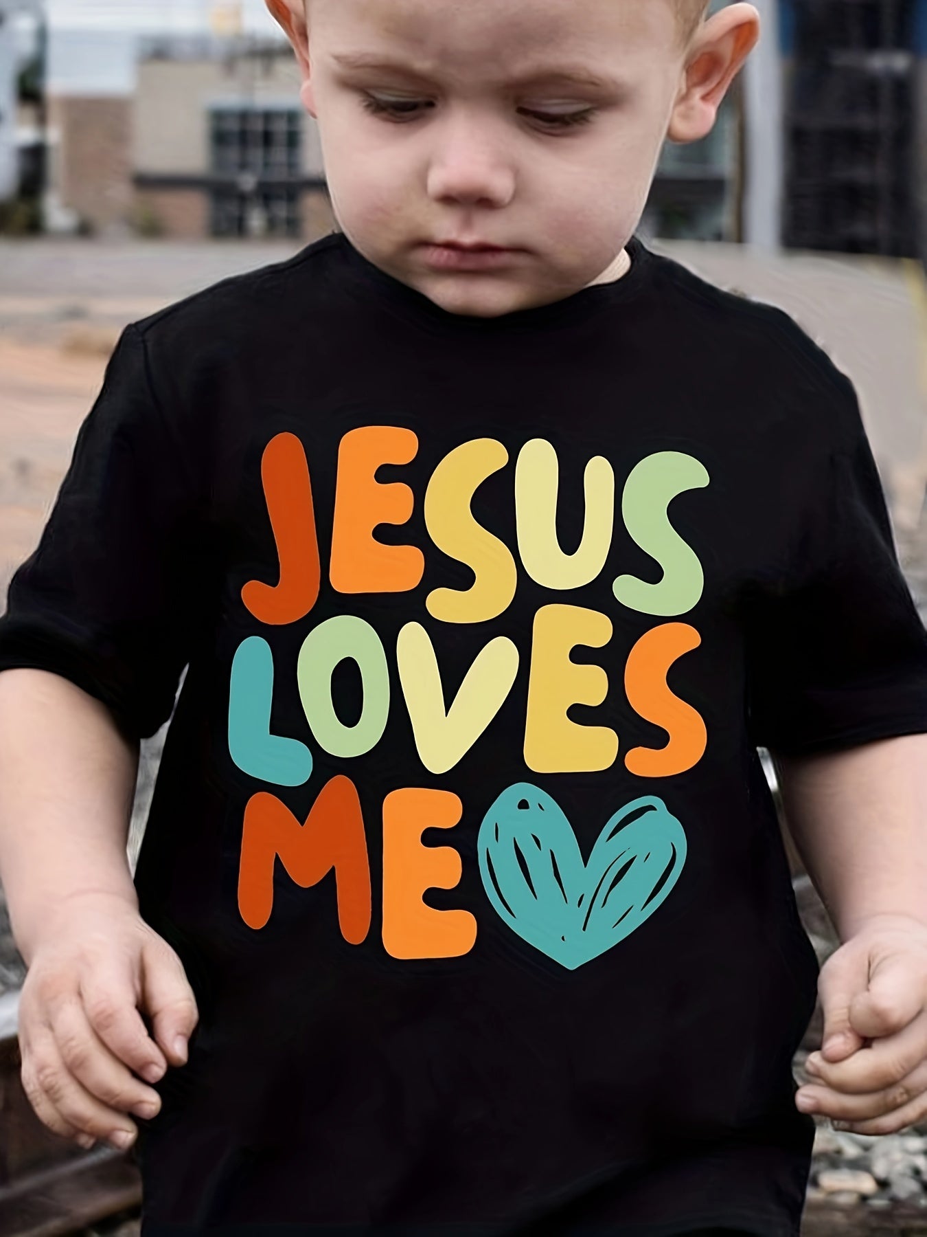 Boys Cartoon T-shirt, JESUS LOVES ME Print Kids Short Sleeve Casual Top Kids Summer Clothes