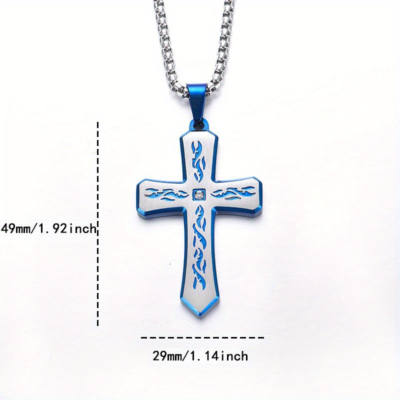 New Boho Style Stainless Steel Cross Pendant Necklace with Corroded Flame Design - Alpaca Brand