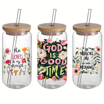 4-Pack Floral Christian UV DTF Self-Adhesive Plastic Cup Decals, Waterproof Scratch-Resistant 3D Crystal Stickers for Glass Cups and Bottles, High-Quality Decal Set (4.3in x 9.4in)