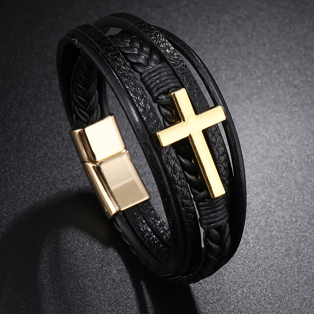[1pc Magnetic PU Leather Bracelet] 1pc Fashion Magnetic Buckle Woven PU Leather Bracelet, Cross Simple Bracelet Men's Versatile Bracelet, Father's Day Gift