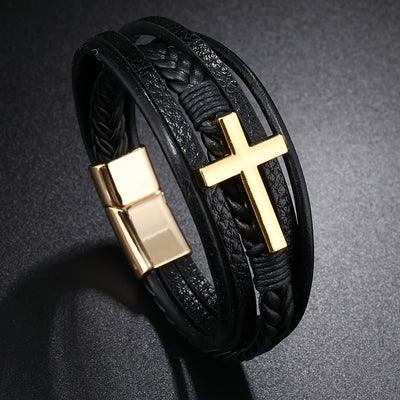 [1pc Magnetic PU Leather Bracelet] 1pc Fashion Magnetic Buckle Woven PU Leather Bracelet, Cross Simple Bracelet Men's Versatile Bracelet, Father's Day Gift