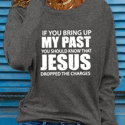 Vibrant Jesus Letter Print Long Sleeve Crew Neck T-Shirt - Soft, Breathable, Casual Top for Spring and Fall - Women's Relaxed Fit Clothing for Everyday Wear
