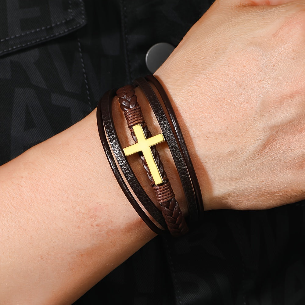 [1pc Magnetic PU Leather Bracelet] 1pc Fashion Magnetic Buckle Woven PU Leather Bracelet, Cross Simple Bracelet Men's Versatile Bracelet, Father's Day Gift