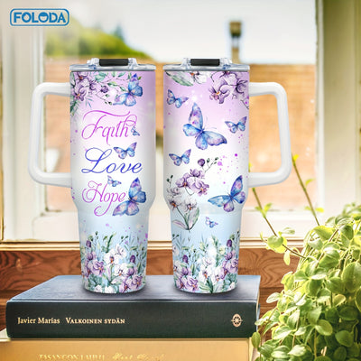 Foloda Butterfly Christian Stainless Steel Insulated Travel Coffee Tumbler for Women - 40oz Oval Mug with Handle, Lid & Straw - Handwash Only, PVC Free - Perfect for Running & Outdoor Activities - Great Christmas, Valentine's