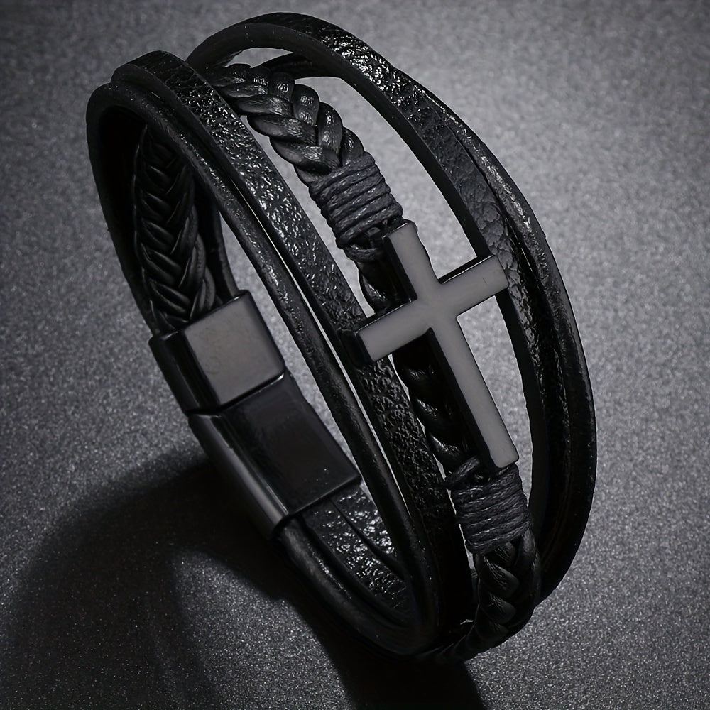 [1pc Magnetic PU Leather Bracelet] 1pc Fashion Magnetic Buckle Woven PU Leather Bracelet, Cross Simple Bracelet Men's Versatile Bracelet, Father's Day Gift