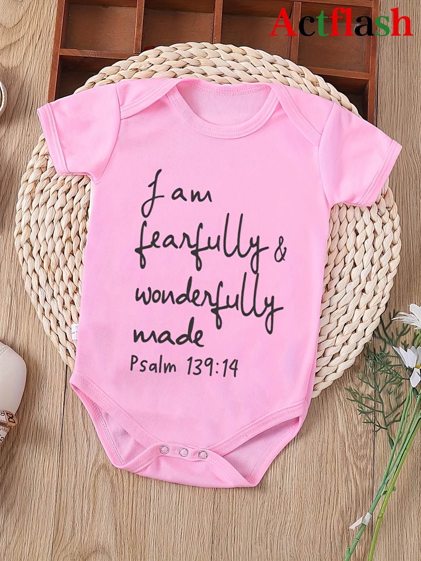 ACTFLASH Baby Girl'S First Birthday Outfit - "I Am Fearfully & Wonderfully Made" Psalm 139:14 Christian Romper, Soft Short Sleeve Onesie for Newborns, Baptism & Christening Ceremony Clothes - Easy Diaper change snaps, Babygir