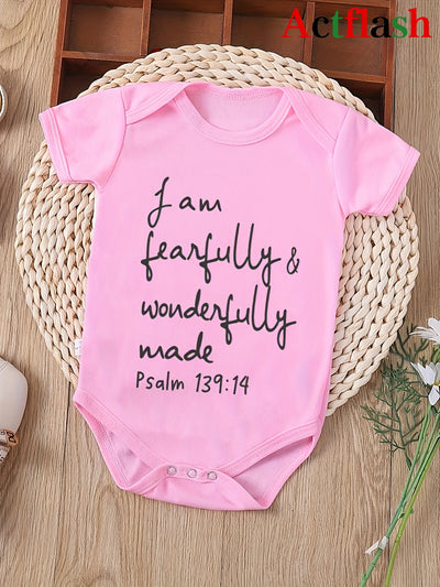 ACTFLASH Baby Girl'S First Birthday Outfit - "I Am Fearfully & Wonderfully Made" Psalm 139:14 Christian Romper, Soft Short Sleeve Onesie for Newborns, Baptism & Christening Ceremony Clothes - Easy Diaper change snaps, Babygir