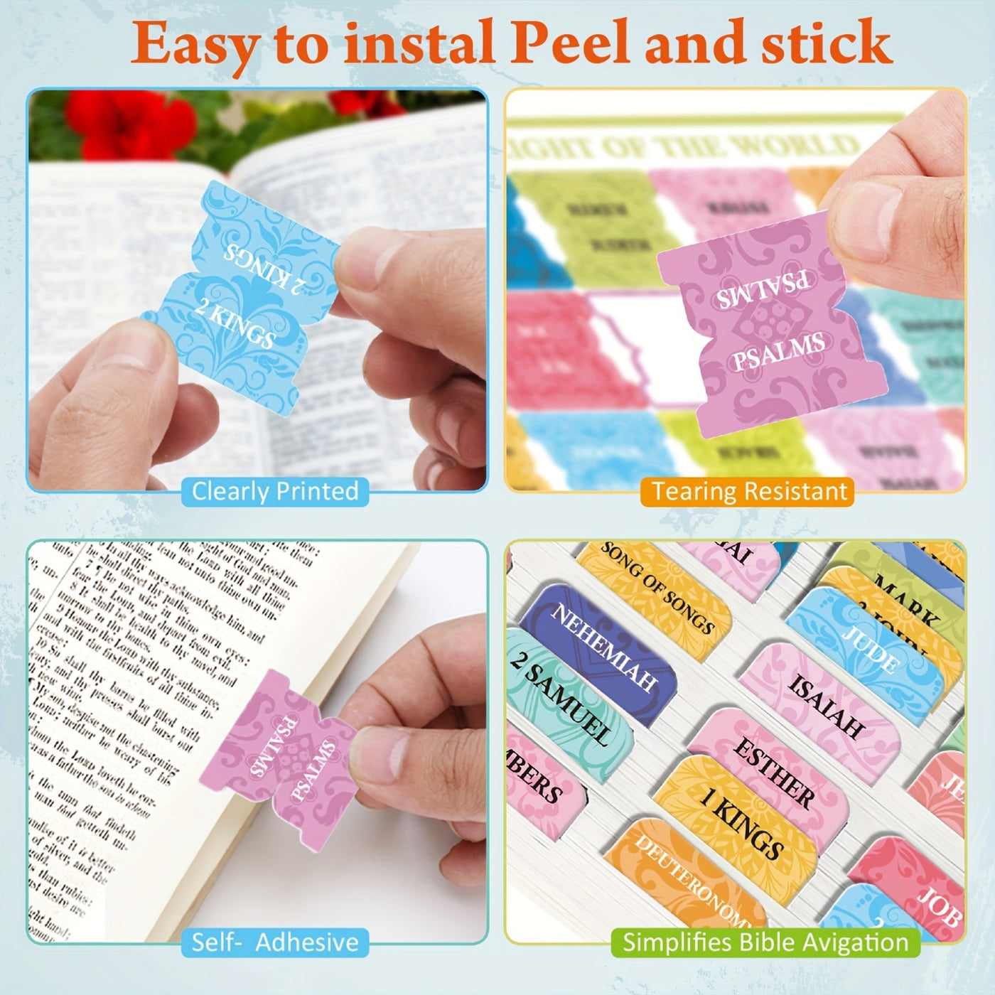 Bible Tabs Set of 75 Laminated Indexing Stickers - Large Print, Easy to Read, Self-Adhesive Bible Book Tabs for Journaling - Bible Study Accessories - Includes 73 Old & New Testament Labels Plus 2 Blank Tabs - Christian Faith