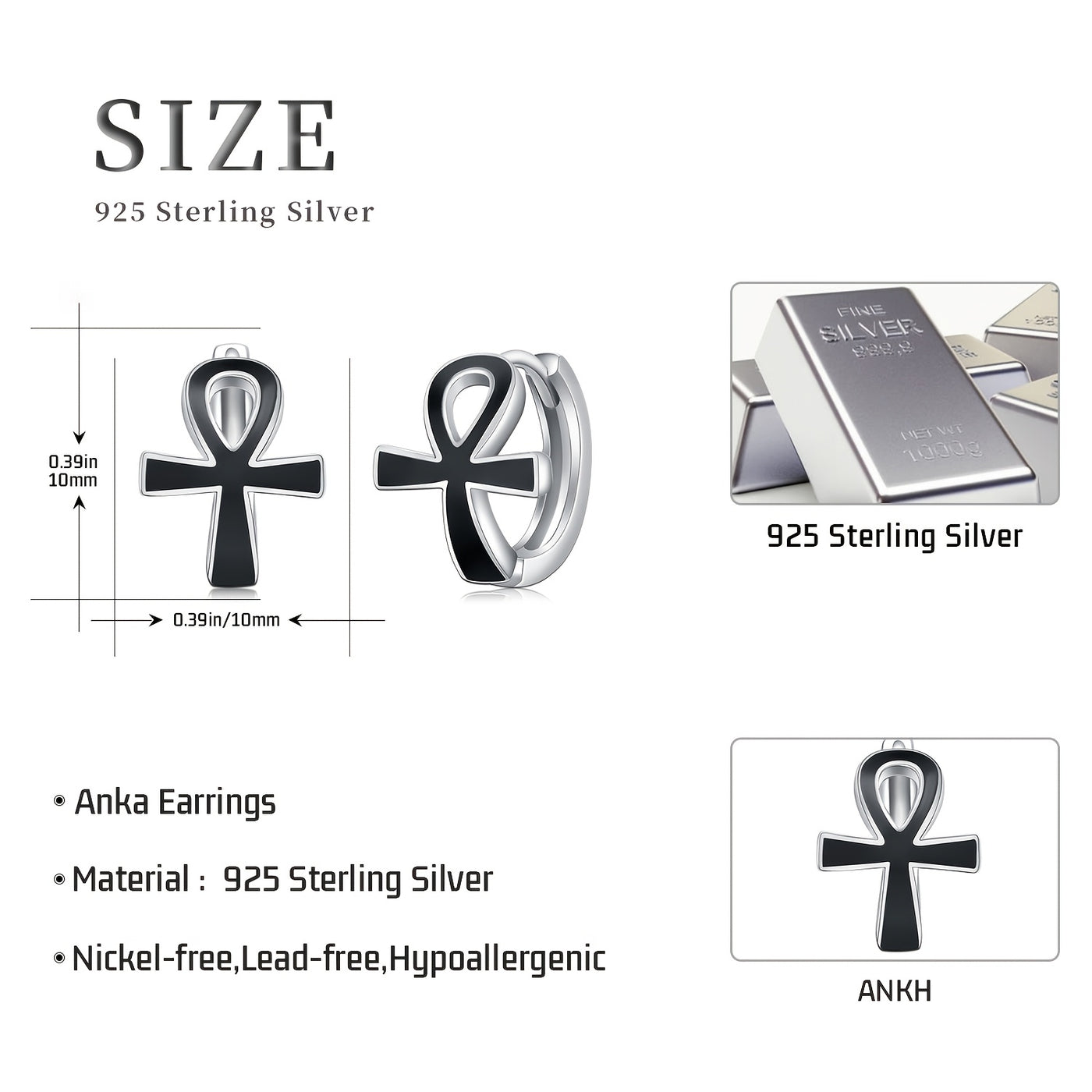 Black Ankh Cross Earrings 925 Sterling Silver Ankh Huggie Hoop Earrings Egyptian Ankh Jewelry Protection Symbol Earrings For Men Women