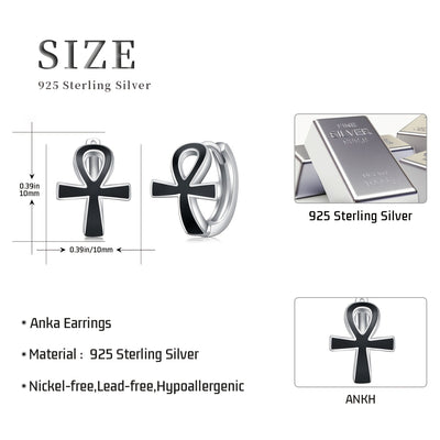 Black Ankh Cross Earrings 925 Sterling Silver Ankh Huggie Hoop Earrings Egyptian Ankh Jewelry Protection Symbol Earrings For Men Women