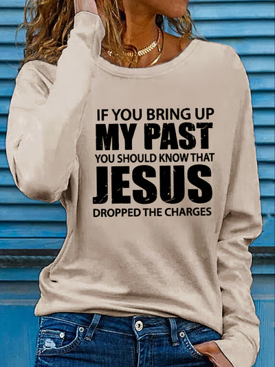 Vibrant Jesus Letter Print Long Sleeve Crew Neck T-Shirt - Soft, Breathable, Casual Top for Spring and Fall - Women's Relaxed Fit Clothing for Everyday Wear