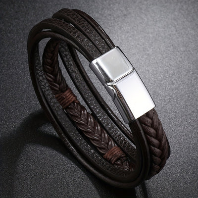 [1pc Magnetic PU Leather Bracelet] 1pc Fashion Magnetic Buckle Woven PU Leather Bracelet, Cross Simple Bracelet Men's Versatile Bracelet, Father's Day Gift