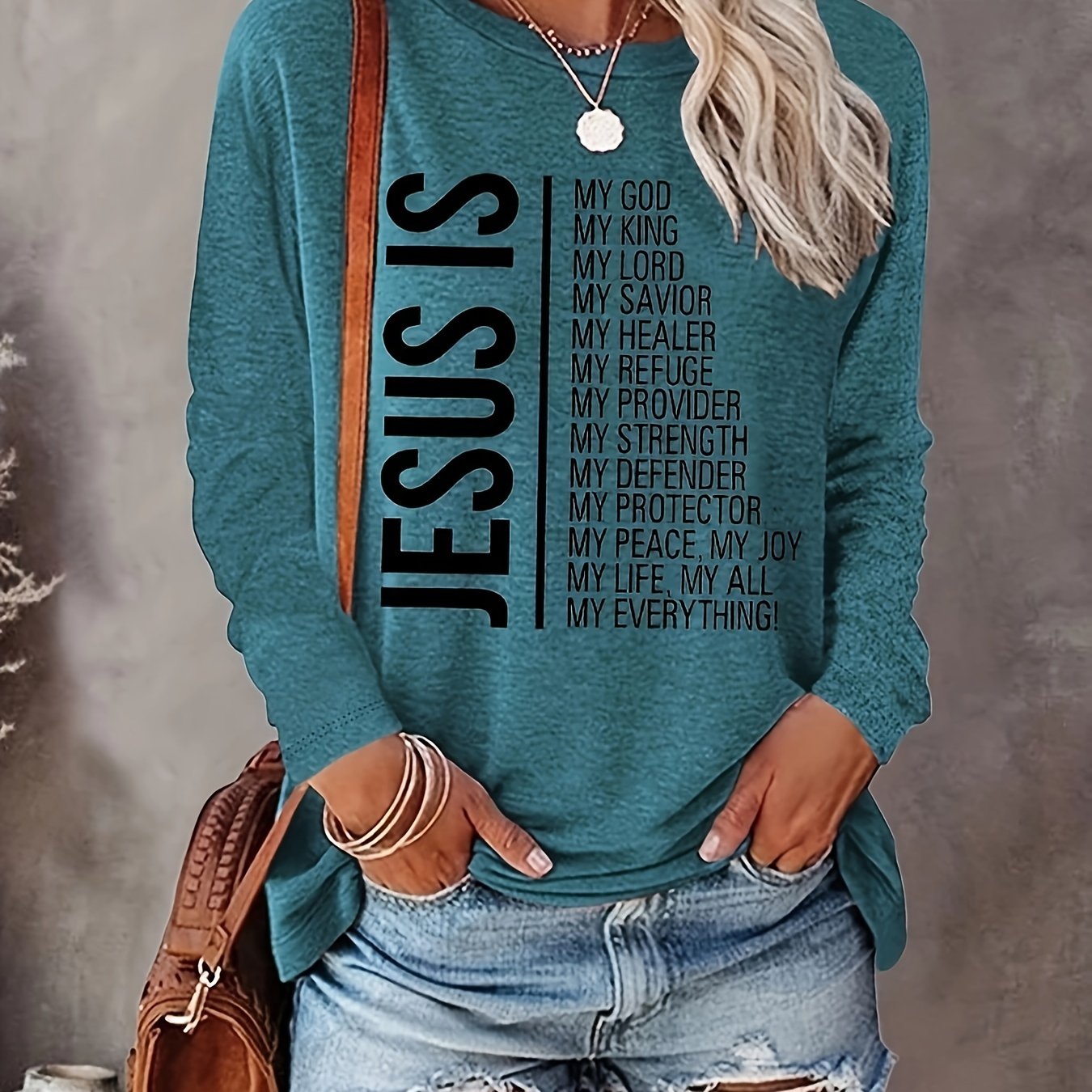 Jesus Print Crew Neck T-shirt, Casual Long Sleeve Top For Spring & Fall, Women's Clothing
