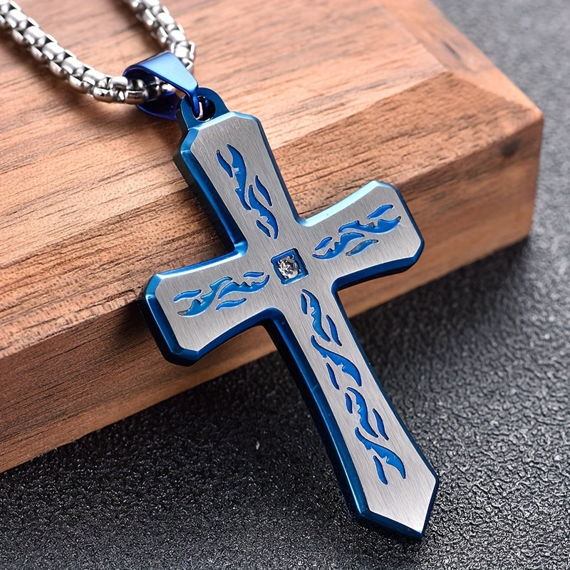 New Boho Style Stainless Steel Cross Pendant Necklace with Corroded Flame Design - Alpaca Brand