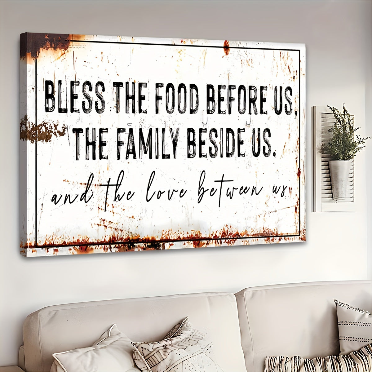 Bless The Food Before Us" Rustic Canvas Wall Art - Extra Large, Wooden Framed, Ready to Hang Decor for Kitchen & Dining Room, Farmhouse Style Christian Gift