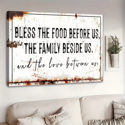 Bless The Food Before Us" Rustic Canvas Wall Art - Extra Large, Wooden Framed, Ready to Hang Decor for Kitchen & Dining Room, Farmhouse Style Christian Gift