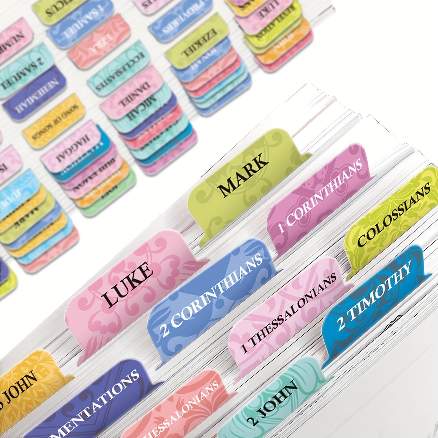 Bible Tabs Set of 75 Laminated Indexing Stickers - Large Print, Easy to Read, Self-Adhesive Bible Book Tabs for Journaling - Bible Study Accessories - Includes 73 Old & New Testament Labels Plus 2 Blank Tabs - Christian Faith