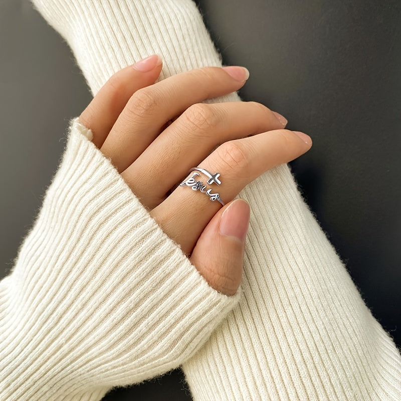 Unique 925 Silver Cross English Letter Opening Adjustable Jewelry Ring For Women Actual Without Box