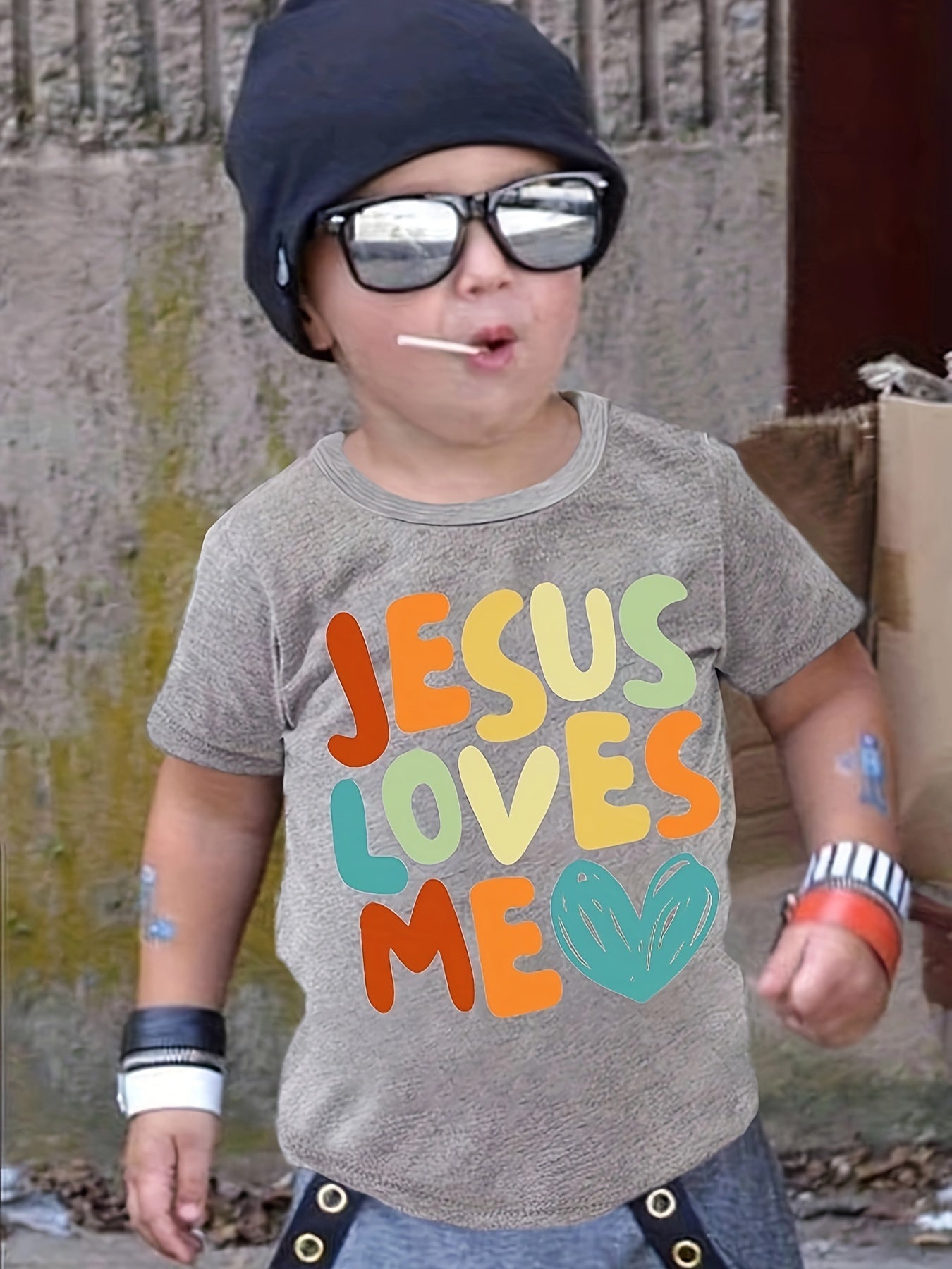 Boys Cartoon T-shirt, JESUS LOVES ME Print Kids Short Sleeve Casual Top Kids Summer Clothes