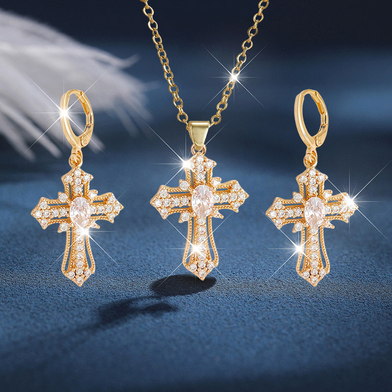 3pcs New Creative Simple Cross Earrings Necklace Luxurious Beautiful Shining Fashionable Party Commemorative Jewelry Exquisite Christmas Birthday Gift