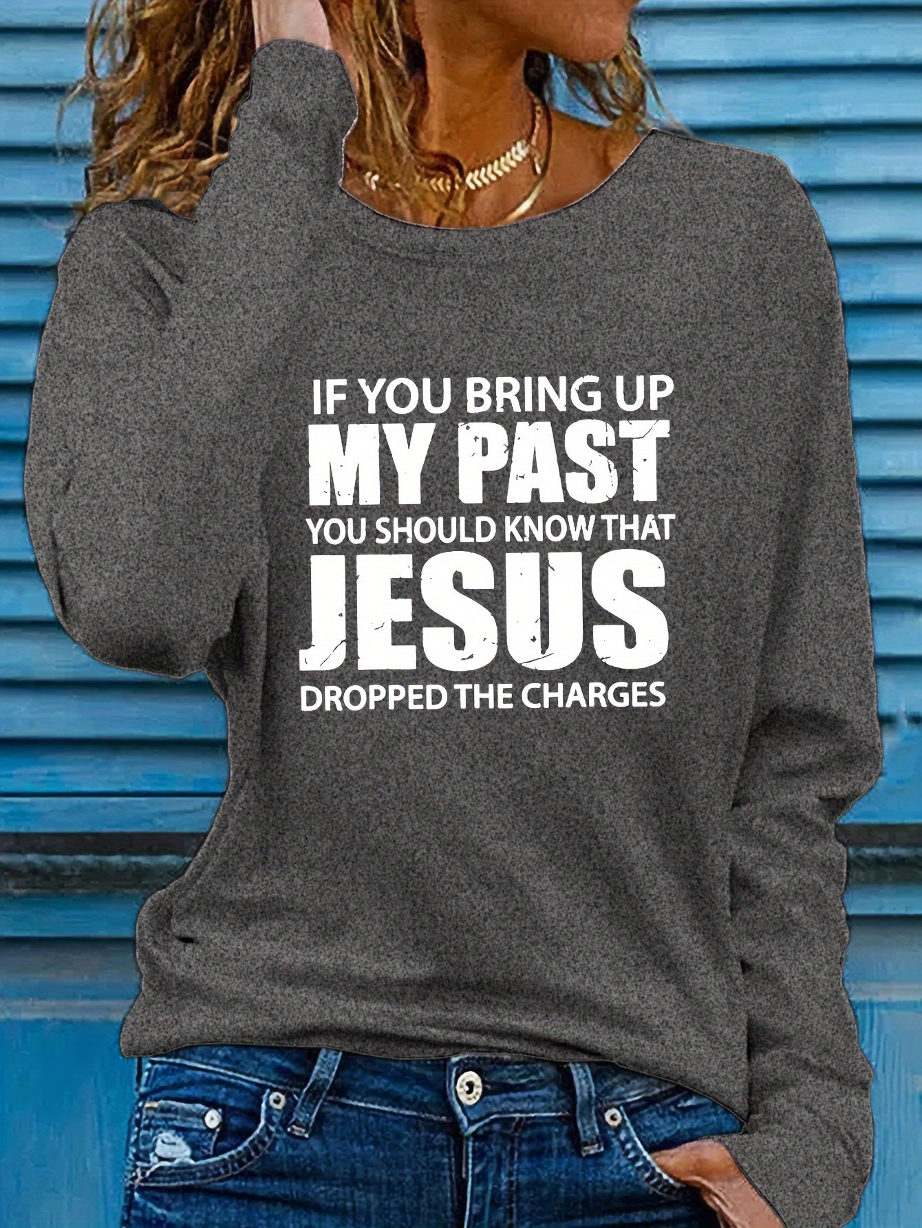 Vibrant Jesus Letter Print Long Sleeve Crew Neck T-Shirt - Soft, Breathable, Casual Top for Spring and Fall - Women's Relaxed Fit Clothing for Everyday Wear