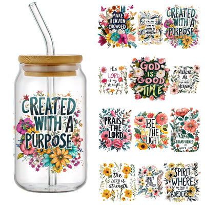 4-Pack Floral Christian UV DTF Self-Adhesive Plastic Cup Decals, Waterproof Scratch-Resistant 3D Crystal Stickers for Glass Cups and Bottles, High-Quality Decal Set (4.3in x 9.4in)