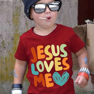 Boys Cartoon T-shirt, JESUS LOVES ME Print Kids Short Sleeve Casual Top Kids Summer Clothes