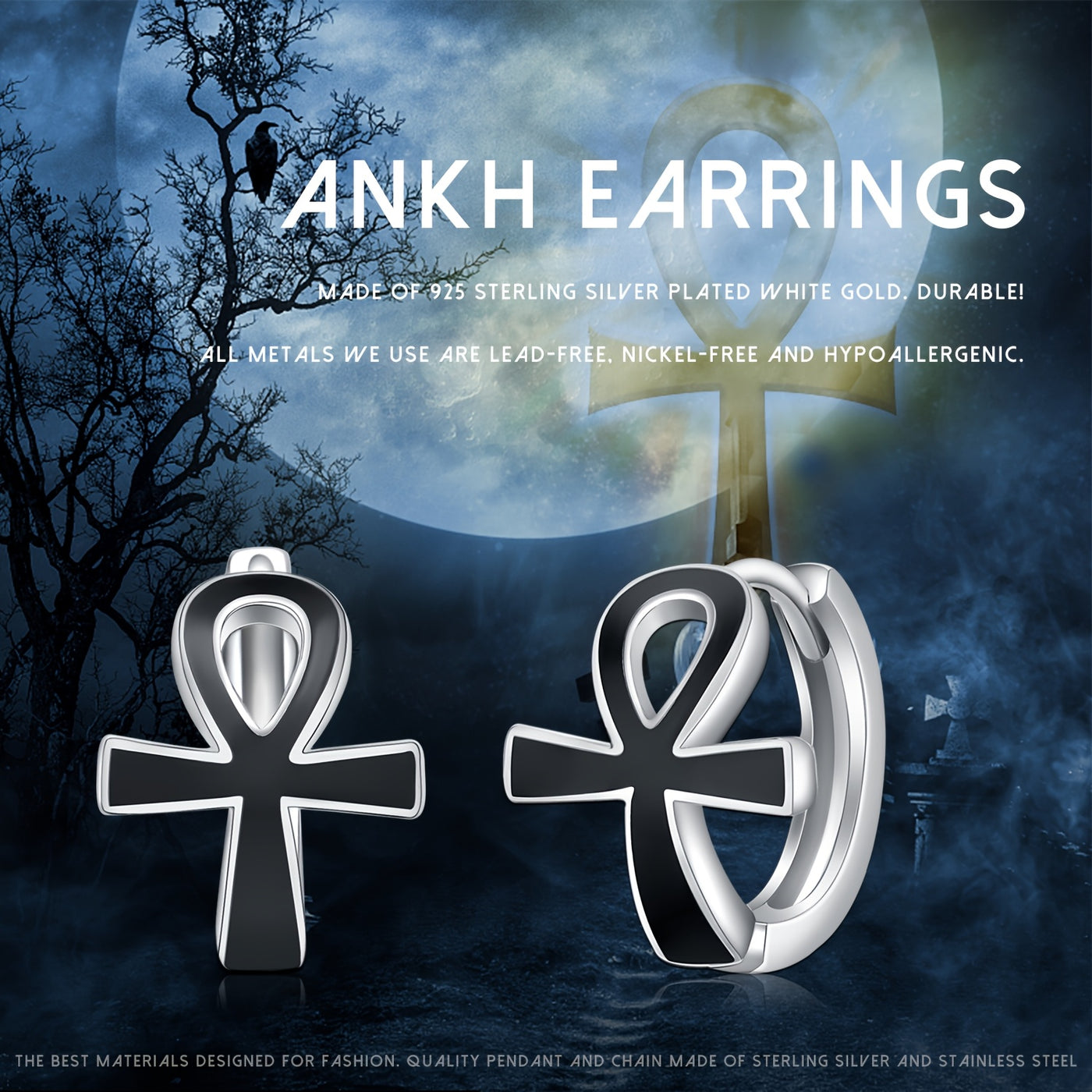 Black Ankh Cross Earrings 925 Sterling Silver Ankh Huggie Hoop Earrings Egyptian Ankh Jewelry Protection Symbol Earrings For Men Women