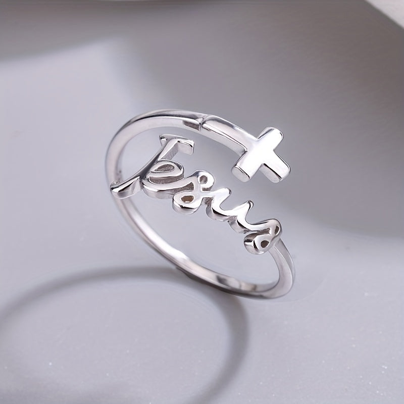 Unique 925 Silver Cross English Letter Opening Adjustable Jewelry Ring For Women Actual Without Box