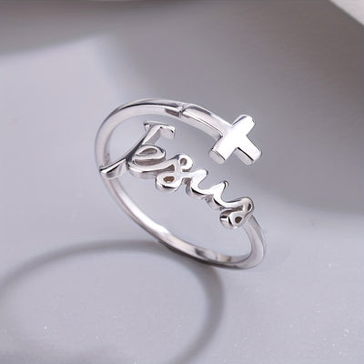 Unique 925 Silver Cross English Letter Opening Adjustable Jewelry Ring For Women Actual Without Box