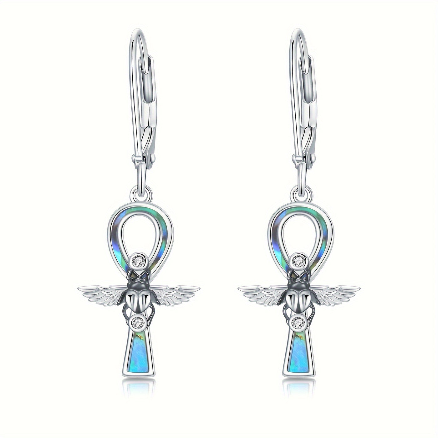 Ankh Earrings 925 Sterling Silver Scarab Beetle Leverback Dangle Drop Earrings Abalone Shell Ankh Cross Earrings Egyptian Jewelry for Women