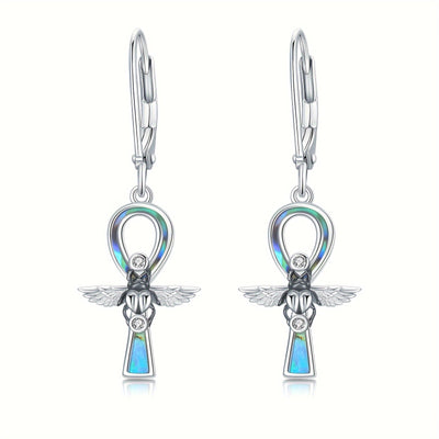 Ankh Earrings 925 Sterling Silver Scarab Beetle Leverback Dangle Drop Earrings Abalone Shell Ankh Cross Earrings Egyptian Jewelry for Women