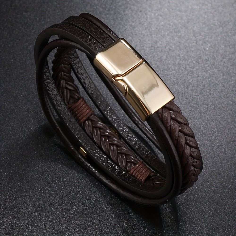 [1pc Magnetic PU Leather Bracelet] 1pc Fashion Magnetic Buckle Woven PU Leather Bracelet, Cross Simple Bracelet Men's Versatile Bracelet, Father's Day Gift