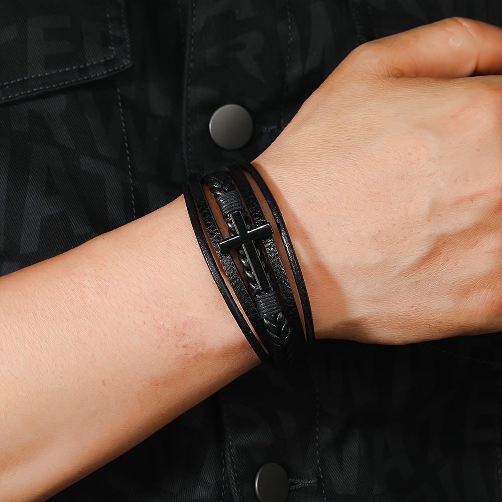 [1pc Magnetic PU Leather Bracelet] 1pc Fashion Magnetic Buckle Woven PU Leather Bracelet, Cross Simple Bracelet Men's Versatile Bracelet, Father's Day Gift
