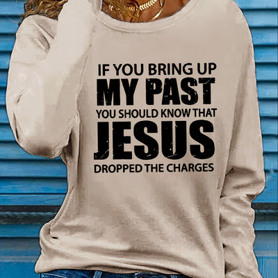 Vibrant Jesus Letter Print Long Sleeve Crew Neck T-Shirt - Soft, Breathable, Casual Top for Spring and Fall - Women's Relaxed Fit Clothing for Everyday Wear
