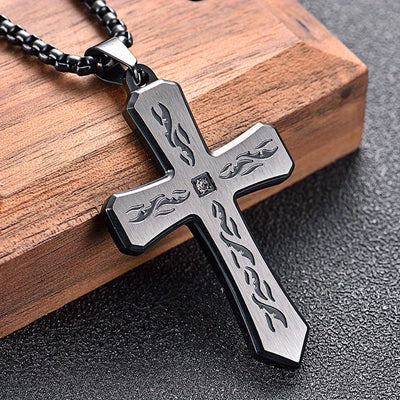 New Boho Style Stainless Steel Cross Pendant Necklace with Corroded Flame Design - Alpaca Brand