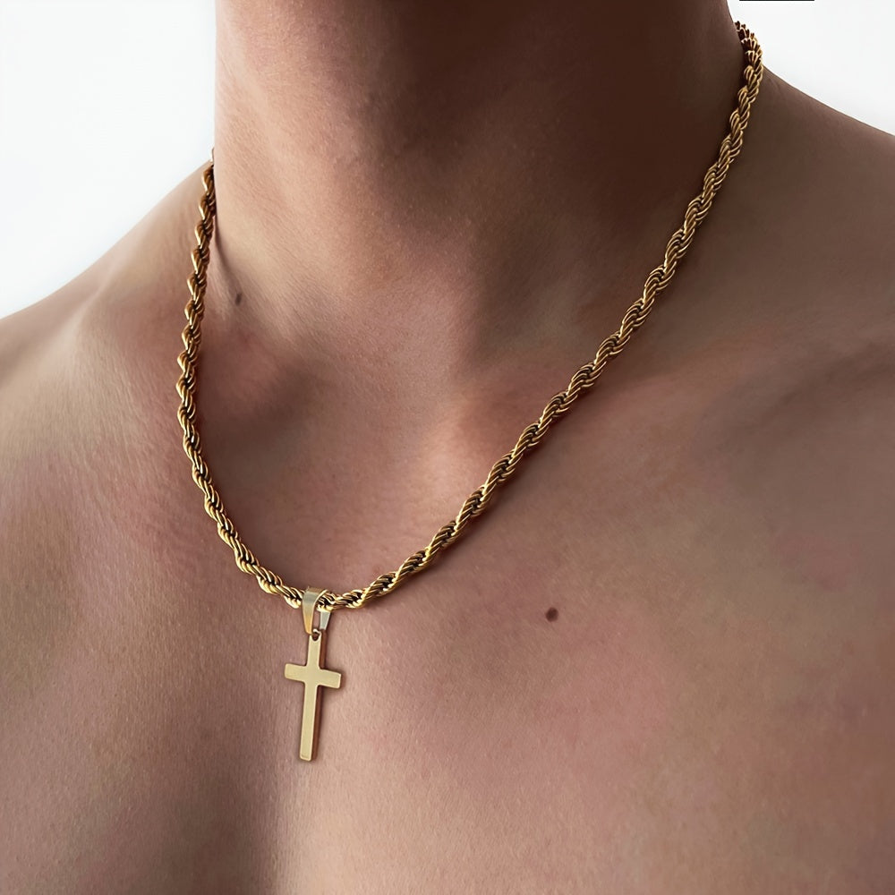 1pc Men's Stainless Steel Golden Plated Cross Pendant, Fashionable Simple Rope Chain Necklace, father's day gift